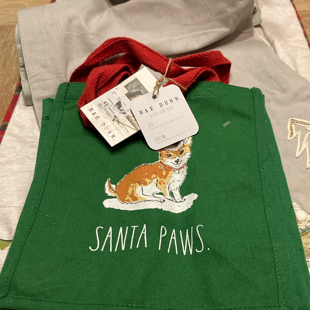 NWT Rae Dunn pack of 2 SANTA PAWS cloth tote bags